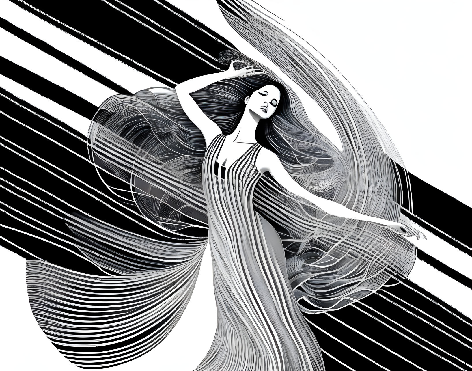 Monochromatic artwork: Woman with flowing hair in slender dress on striped background