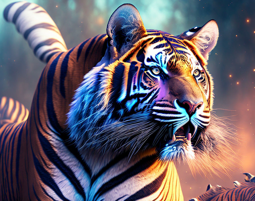 Vibrant digital artwork: Intense tiger with orange and blue hues