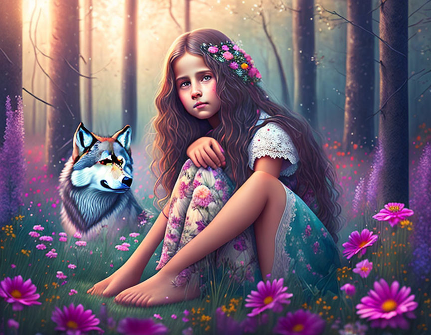 Young girl with flower-adorned hair beside realistic wolf in mystical forest.