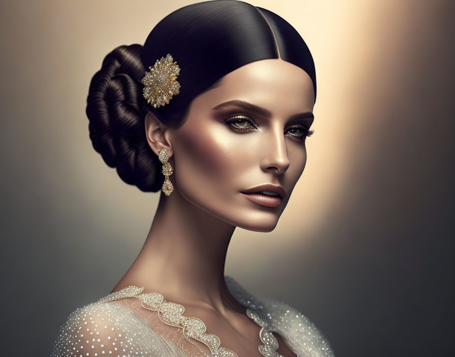 Woman with Sleek Bun Hairstyle and Decorative Hairpiece in Embellished Dress