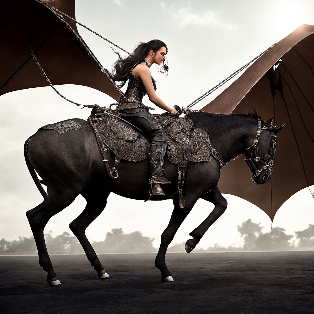 Woman in fantasy outfit riding majestic black horse with ornate tack, dragon wings backdrop