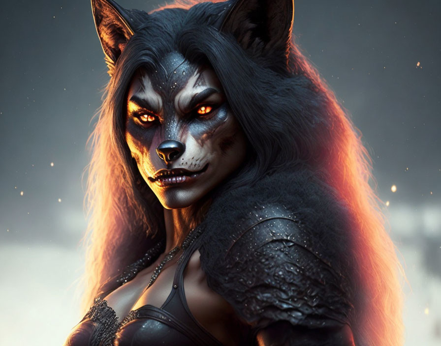 Female anthropomorphic wolf in armor and fur cloak on dusky backdrop