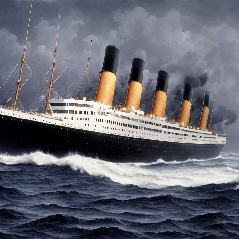 Ocean liner with four smokestacks navigating rough seas under stormy sky