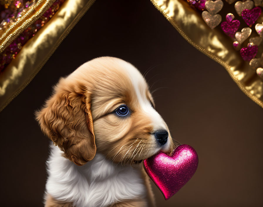 Adorable puppy with blue eyes holding pink heart, heart-shaped bokeh.