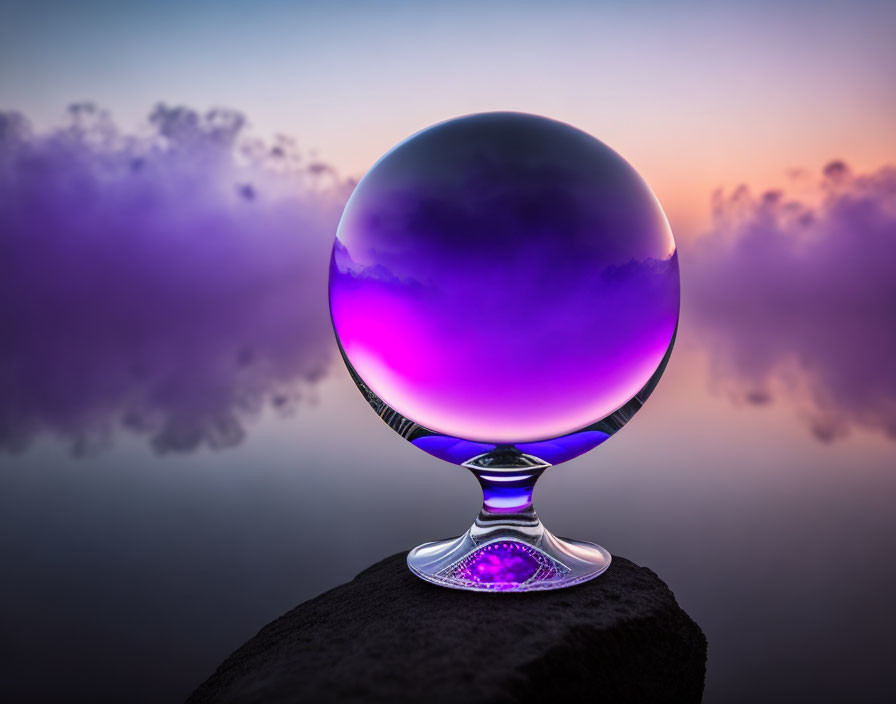 Purple Crystal Ball on Stand with Sunset Reflections on Smooth Surface