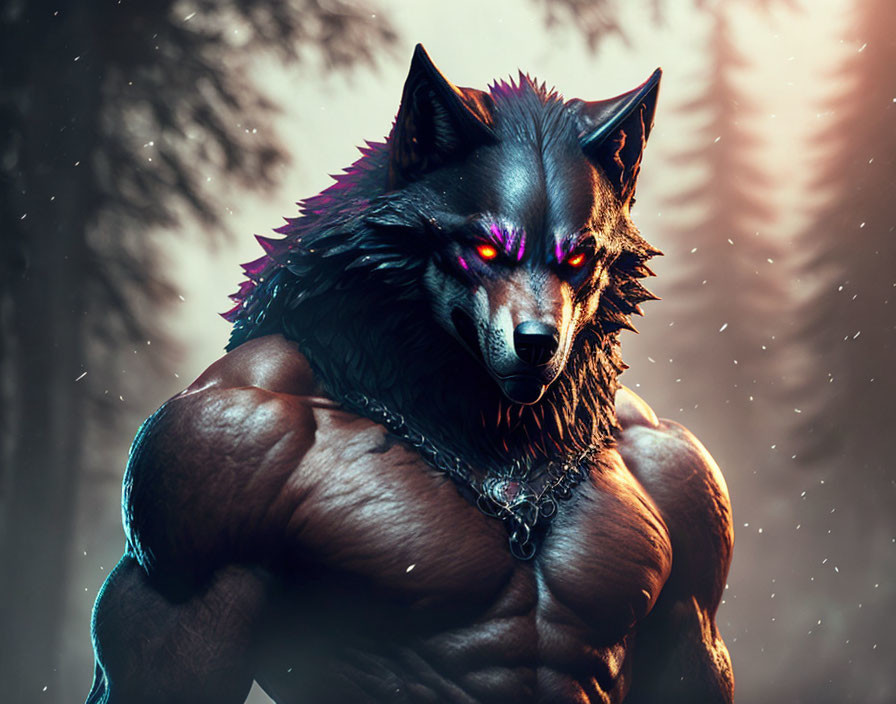 Muscular anthropomorphic wolf with red eyes in misty forest.