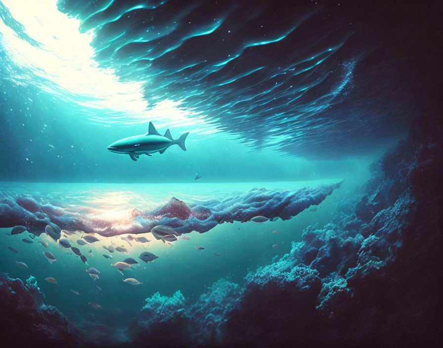 Underwater scene with shark, school of fish, sunbeams, and wavy surface