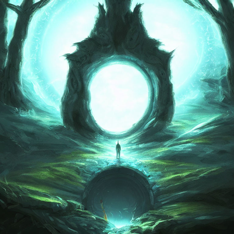 Mystical glowing portal in vibrant forest setting