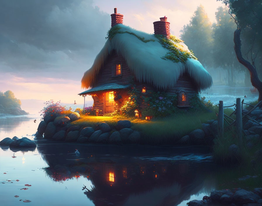 Thatched-Roof Cottage by Serene River at Dusk