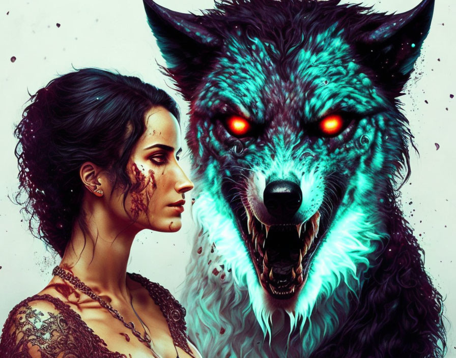 Woman and snarling wolf with glowing red eyes and blue fur in supernatural theme.