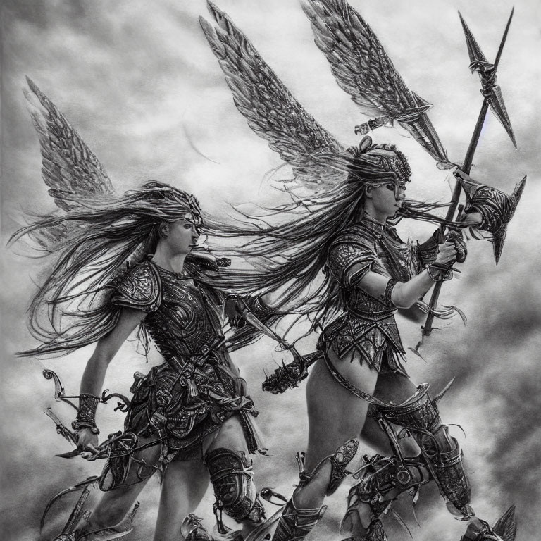 Warrior women in ornate armor with axes and spears under dramatic sky