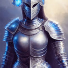 Detailed Illustration: Female Knight in Ornate Silver Armor on Muted Background