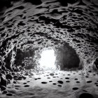 Monochrome photo of eerie, hole-riddled cave with bright entrance