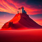 Fairytale castle on sand dune under red sky with textured shadows