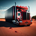 Red Semi-Truck with Dragon-Like Spikes on Desert Road