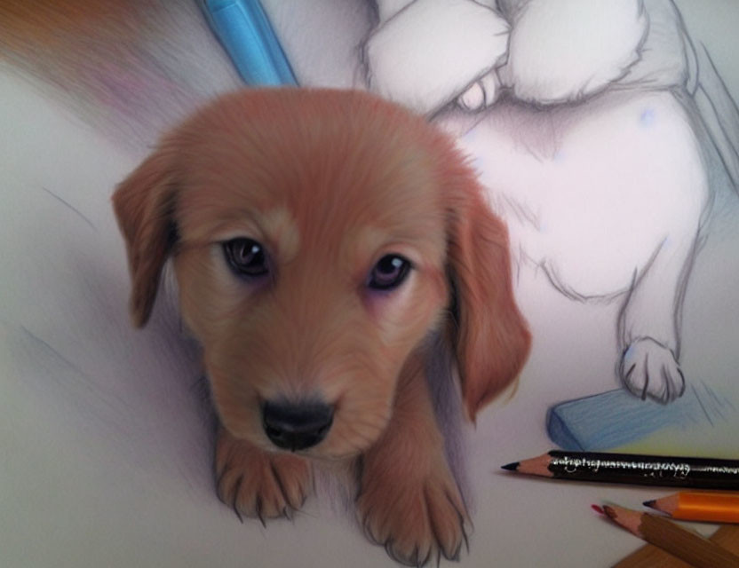 Realistic Golden Retriever Puppy Drawing with Colored Pencils