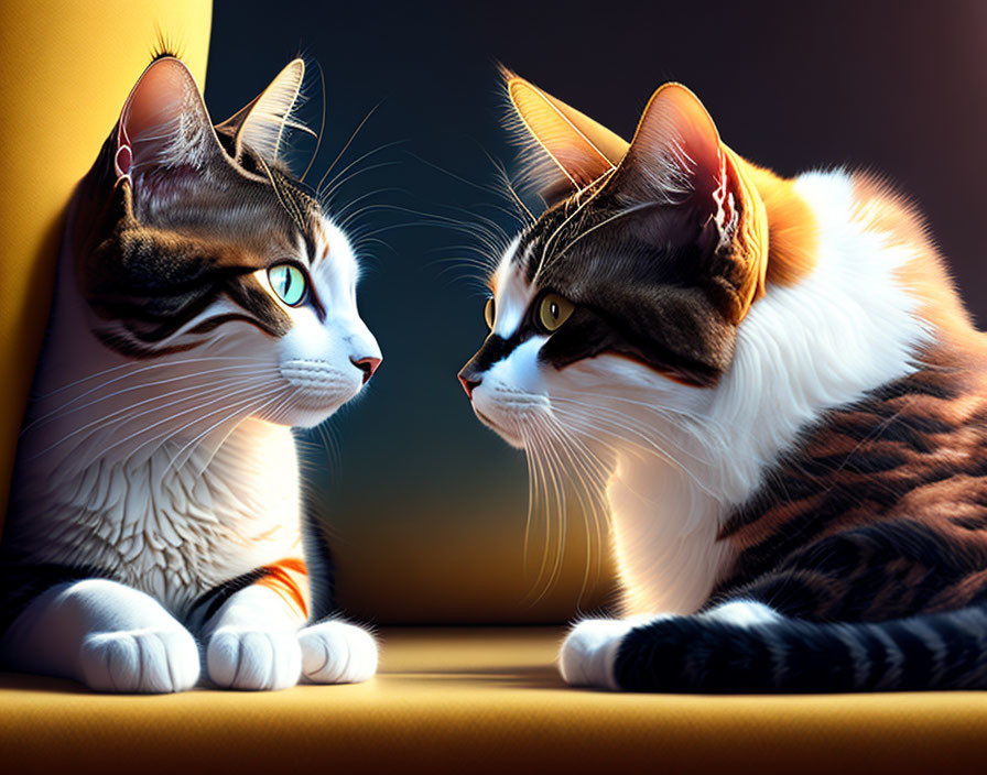 Two domestic cats with striking markings and intense eyes in warm sunlight against dark background