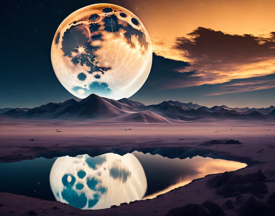 Surreal moon over tranquil desert with mountains and water body