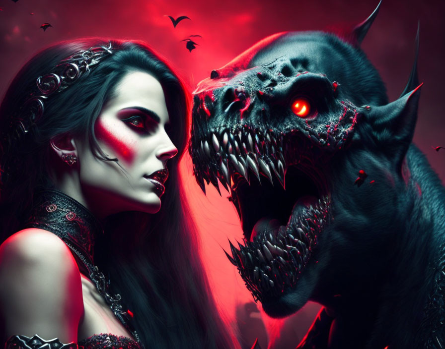 Gothic makeup woman with snarling black beast in red-toned setting