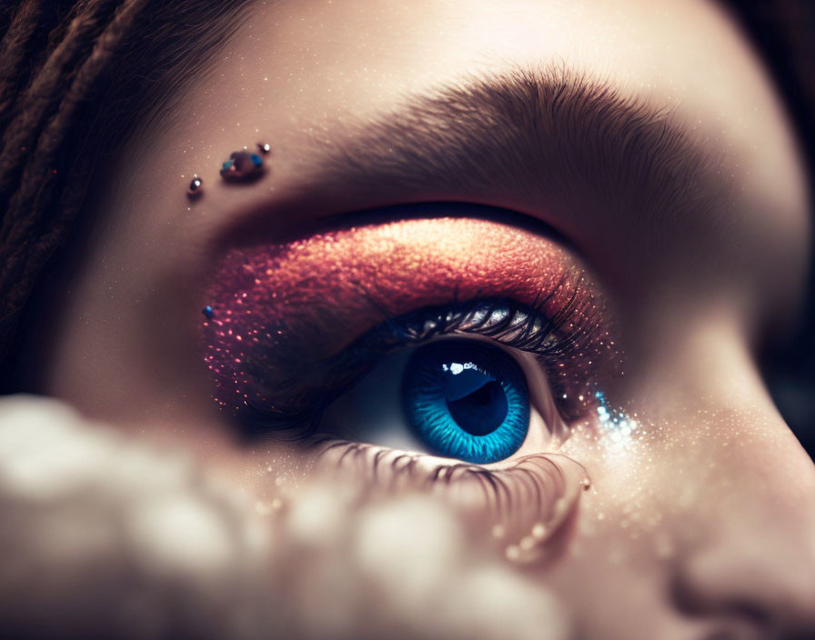 Detailed close-up: vibrant blue iris, orange eyeshadow, and glitter on an eye, hint