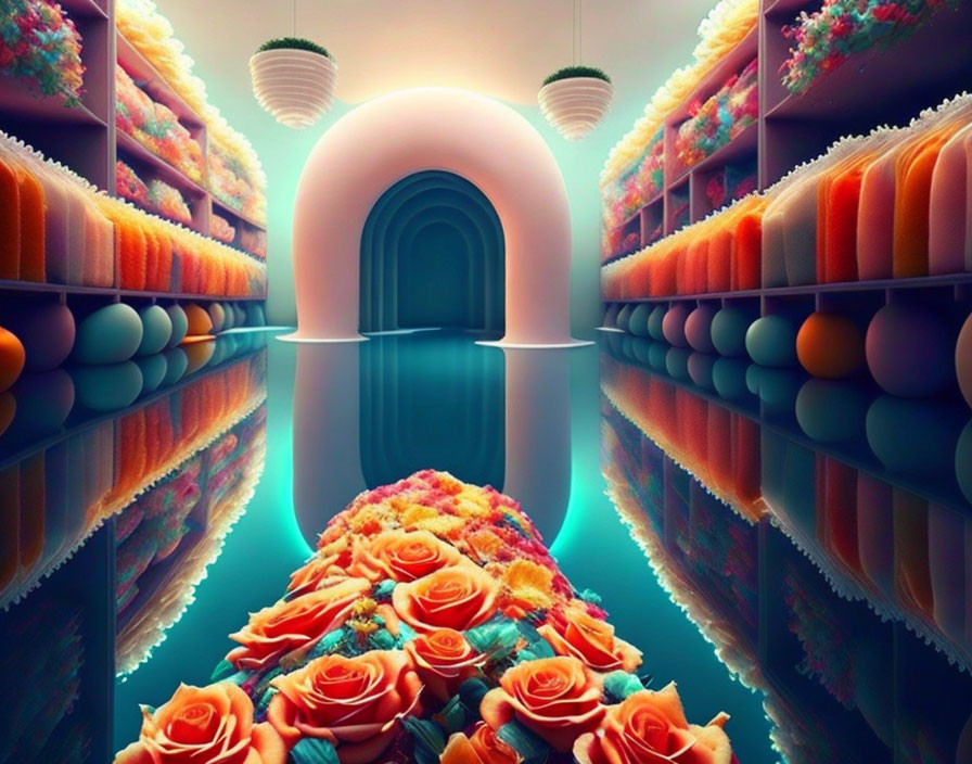 Vibrant floral corridor with archways and colorful objects