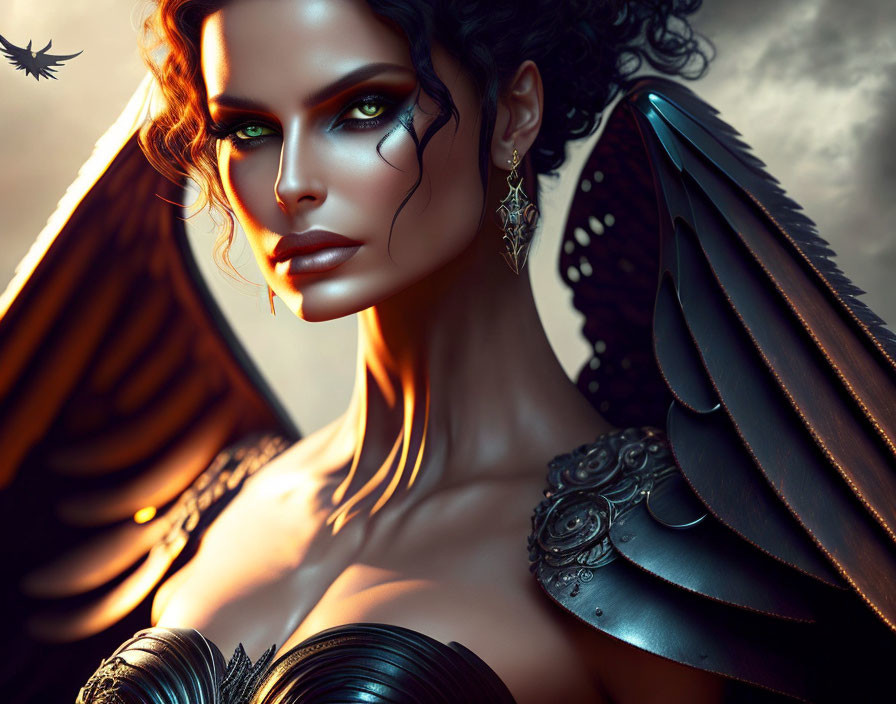 Digital Artwork: Woman with Striking Makeup and Dark Feathered Wings