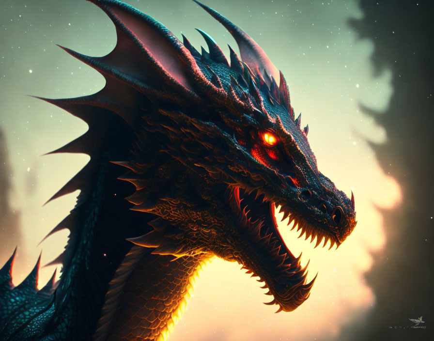 Majestic dragon with red eyes and sharp horns in mystical sky