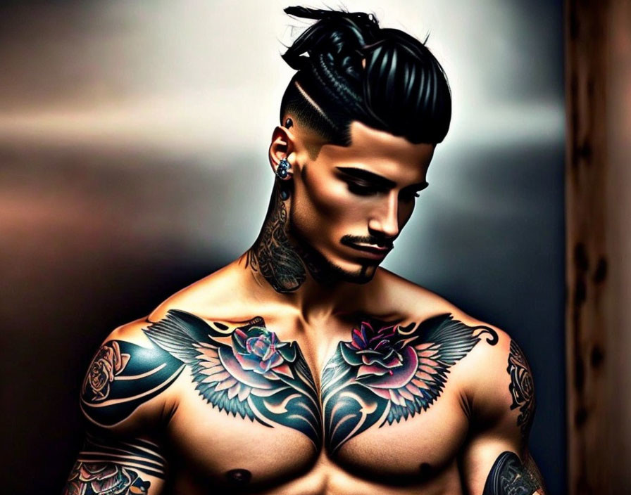 Stylized image of a man with undercut hairstyle and chest tattoos posing with intense gaze