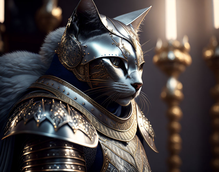 3D-rendered majestic cat in medieval armor with gold detailing