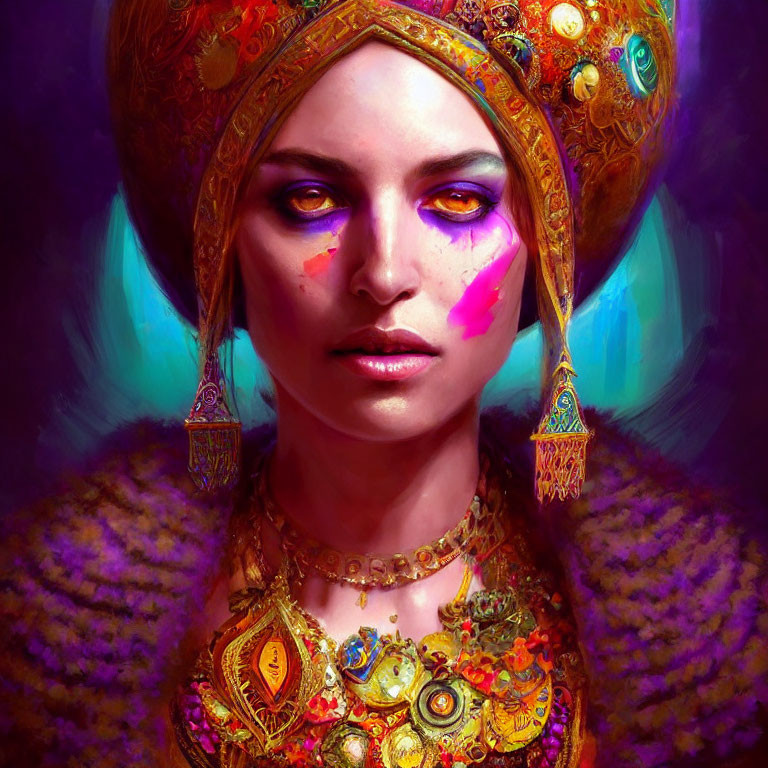 Vibrant digital artwork featuring a woman with striking yellow eyes and intricate golden jewelry