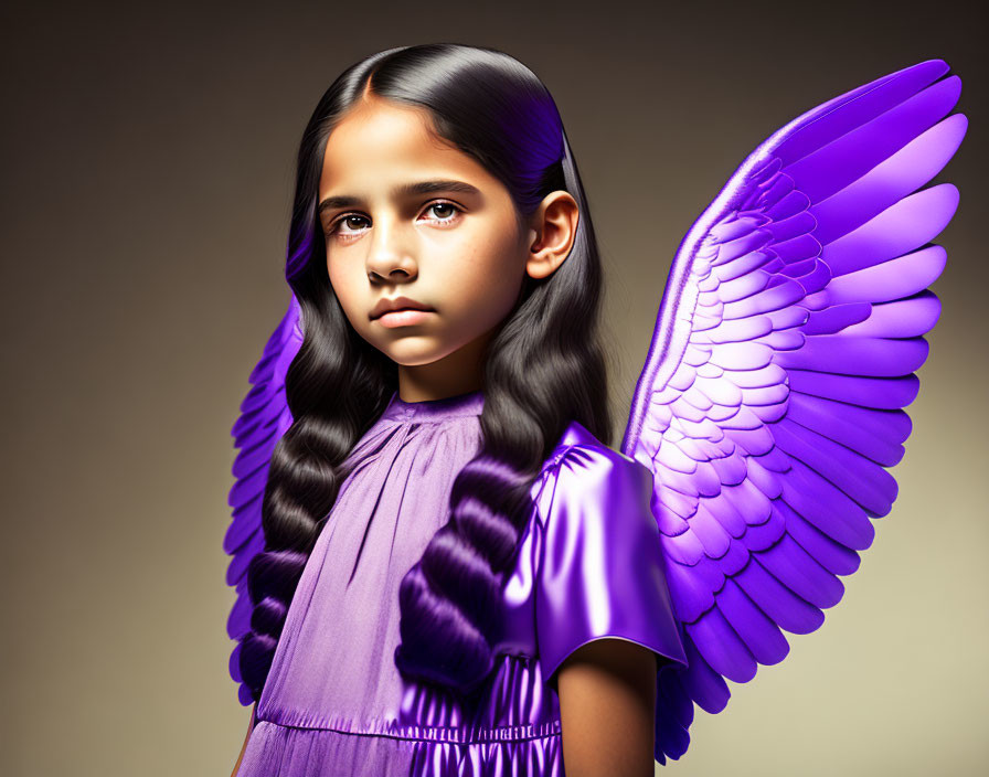 Dark-haired girl with braids and purple angel wings in purple dress on warm background