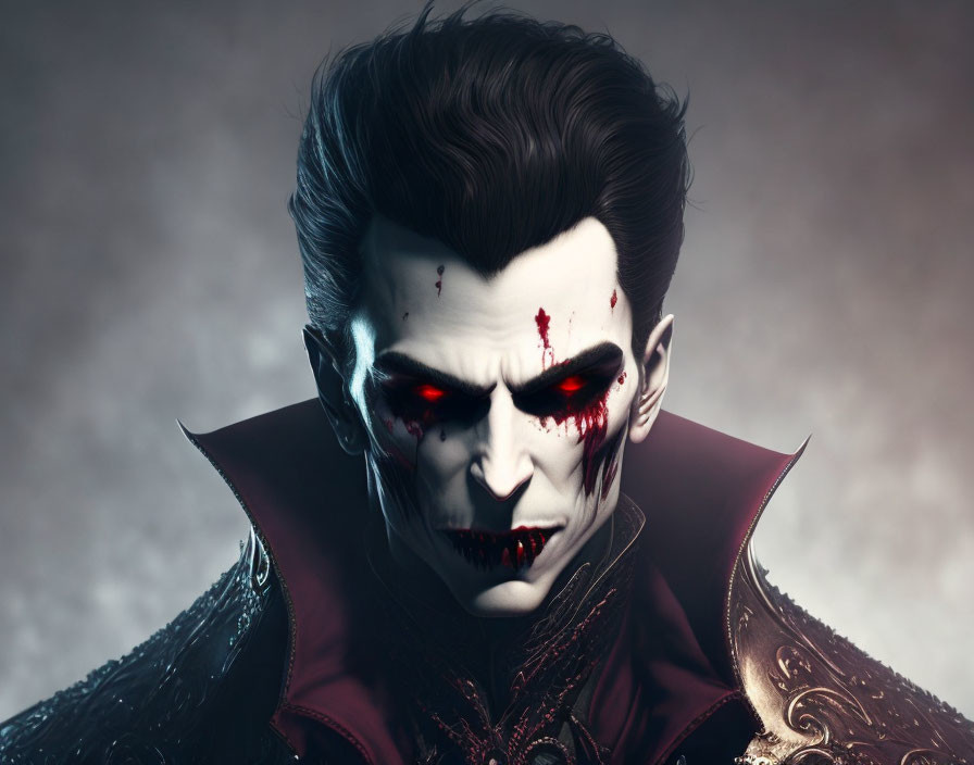 Sinister vampire with glowing red eyes in misty setting