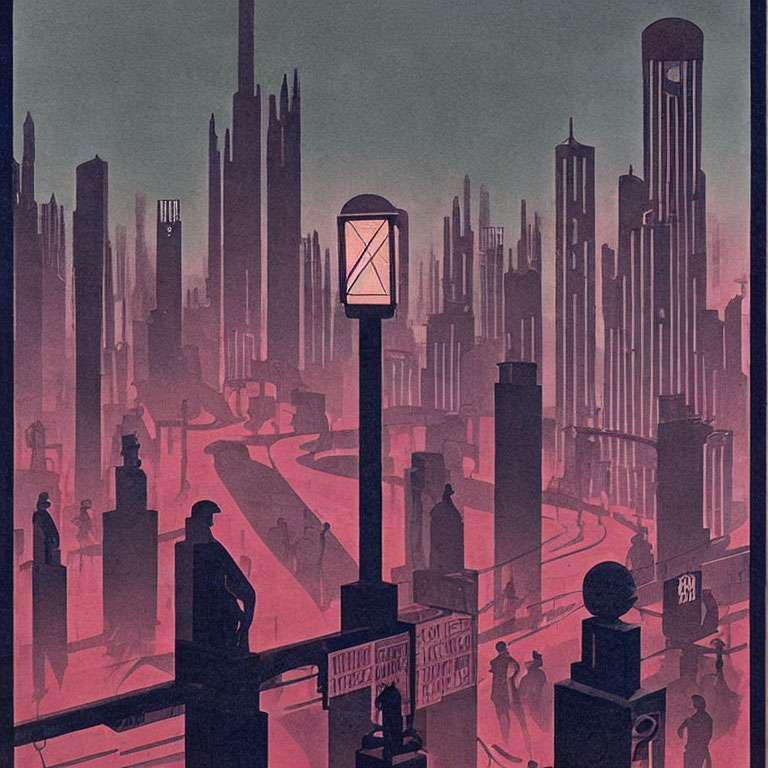 Dystopian cityscape with silhouettes at dusk