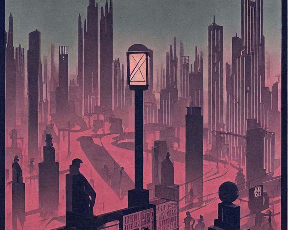 Dystopian cityscape with silhouettes at dusk