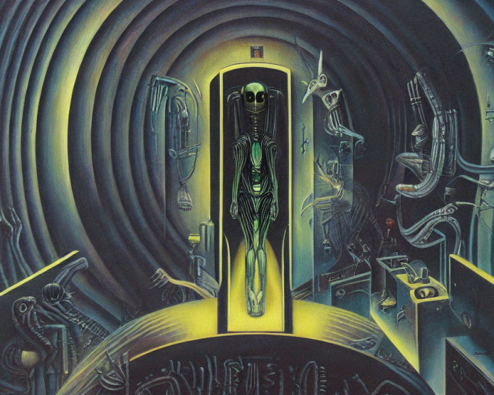 Surreal futuristic artwork: humanoid figure in doorway with intricate mechanical designs