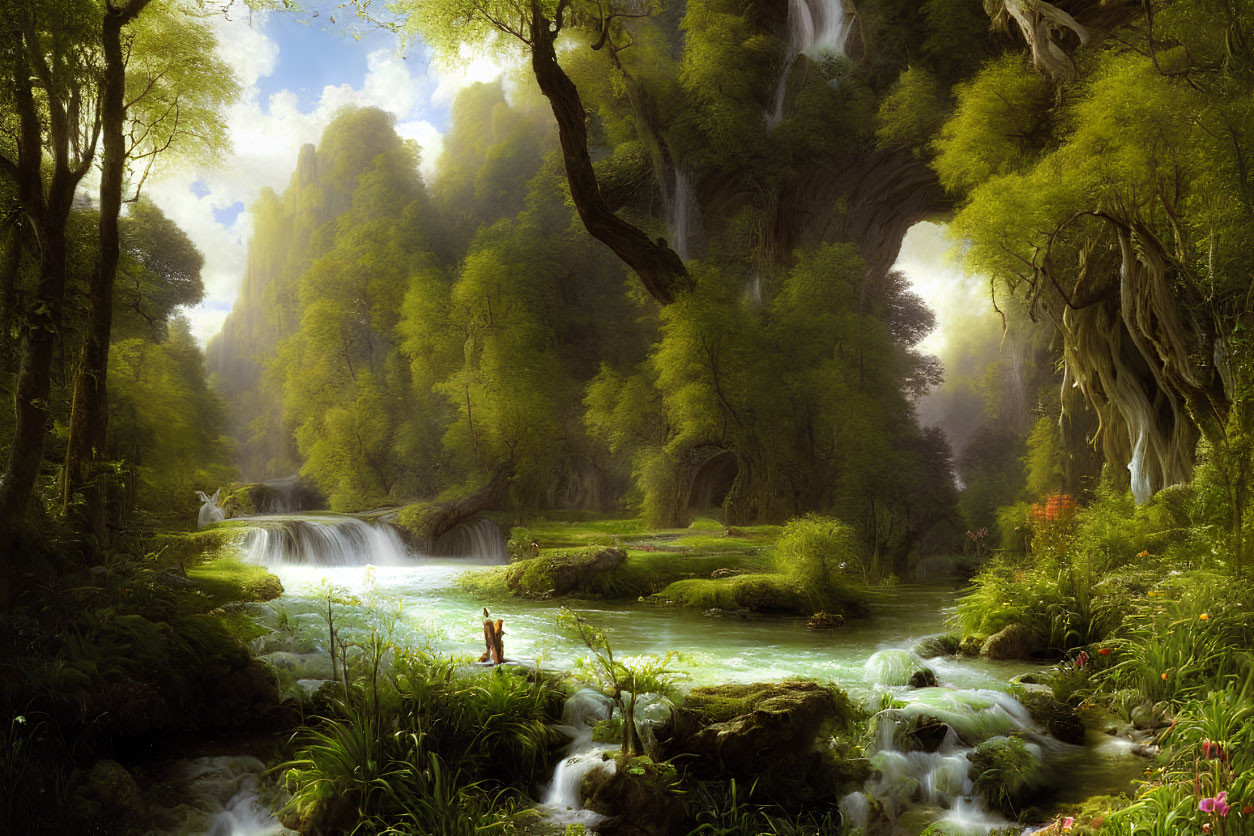 Tranquil landscape with waterfalls, river, lush trees, and figure in red amid misty