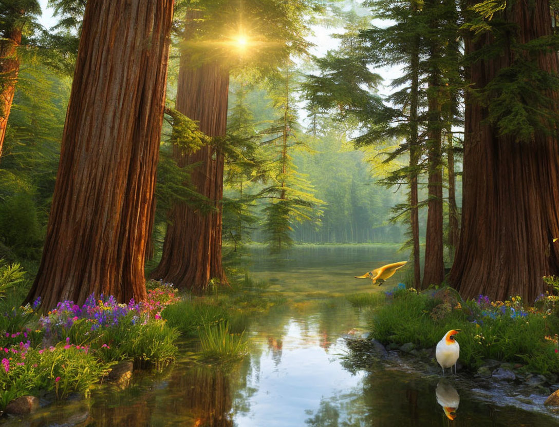 Serene forest scene with giant sequoias, wildflowers, stream, and ducks