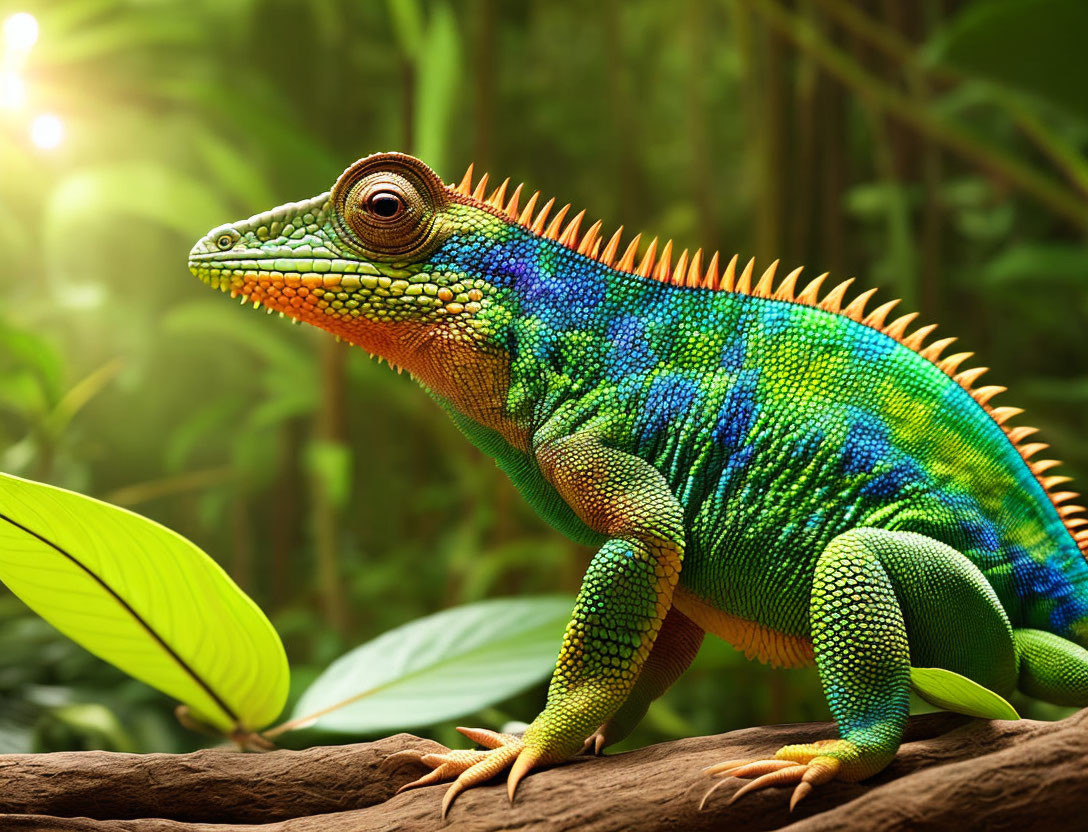 Colorful Chameleon on Branch in Sunbeam