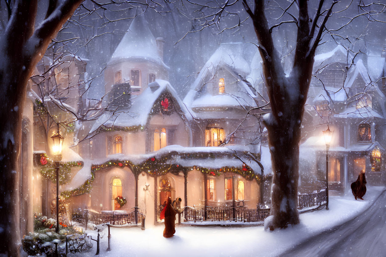 Snow-covered Victorian houses in festive dusk scene with warm light and couple walking