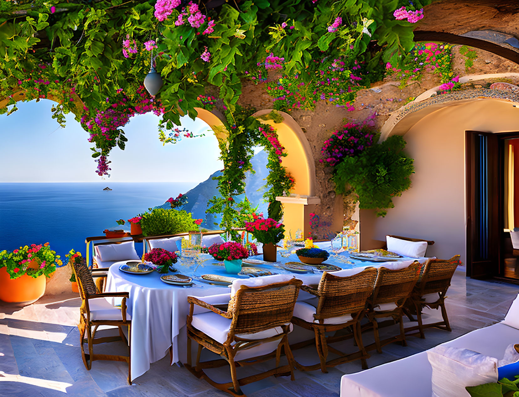 Seaside balcony with dining setup, wicker chairs, blooming flowers, and ocean view.