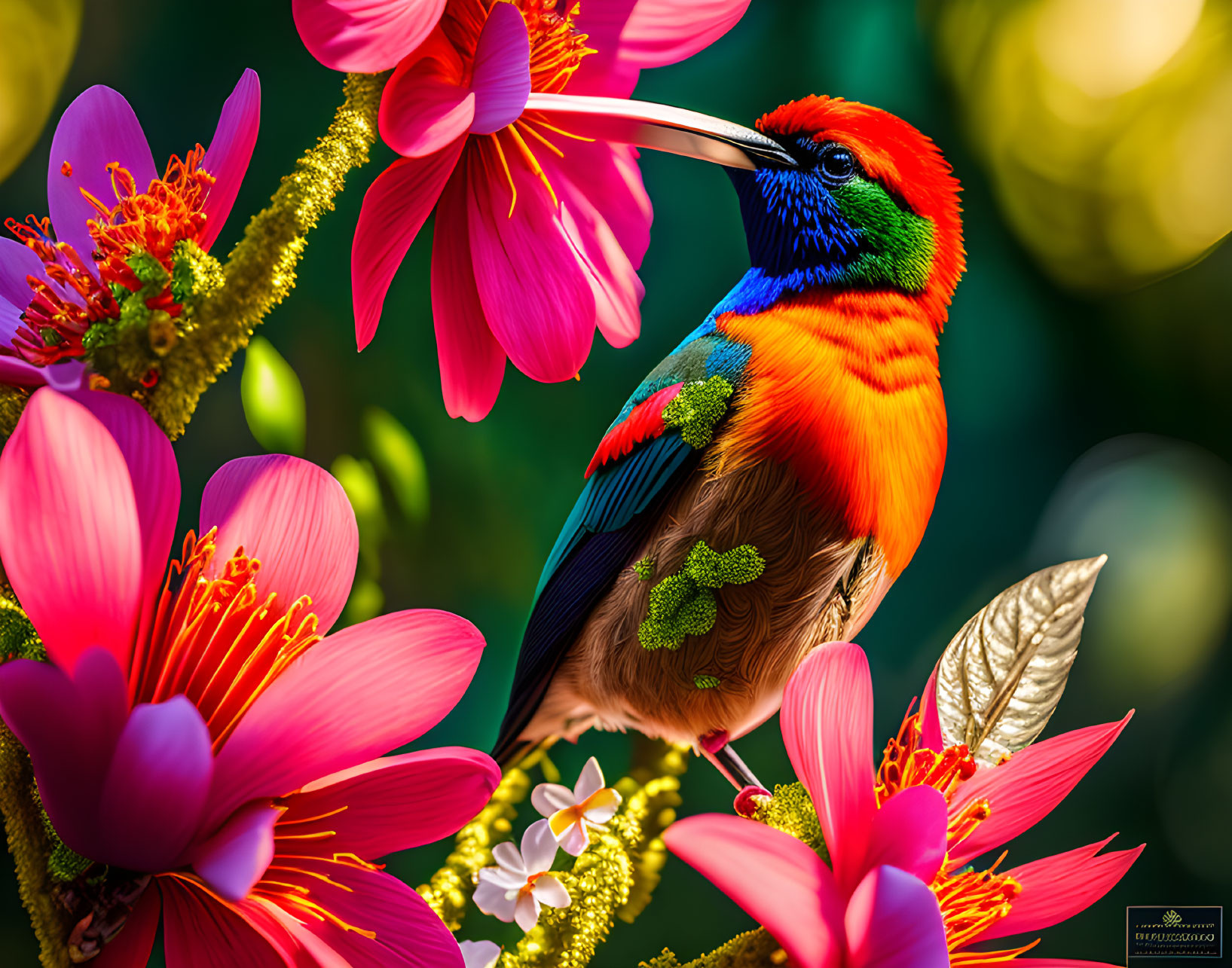 Colorful Bird Among Pink Flowers and Green Foliage