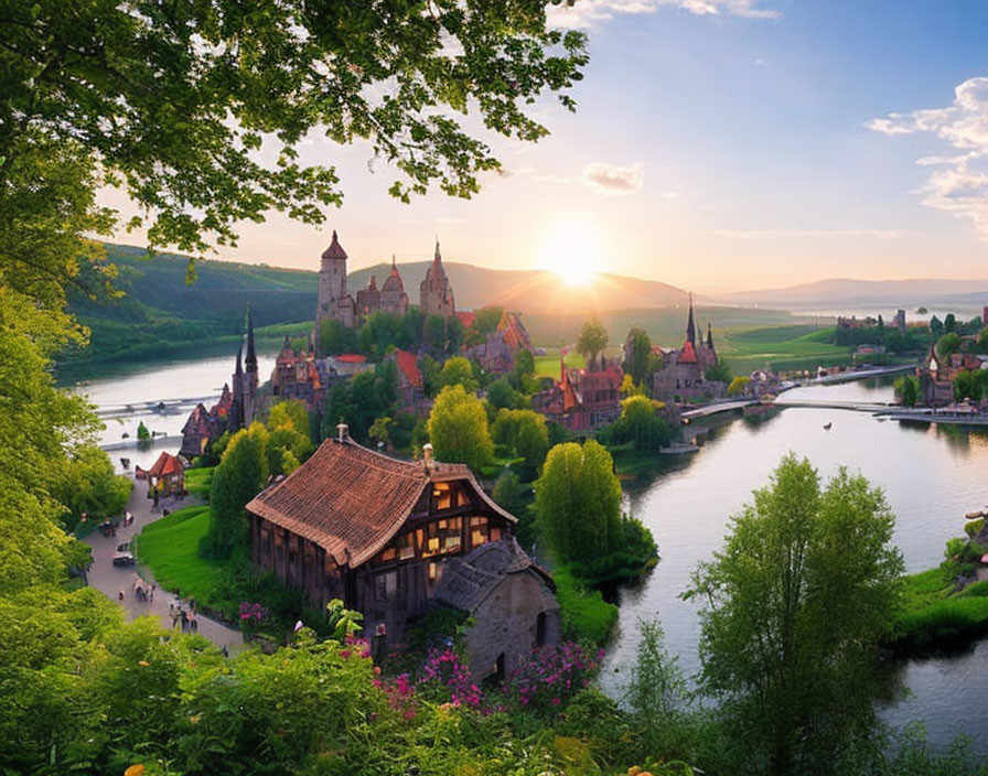 Picturesque sunset over village with river, old mill house, and distant castle.