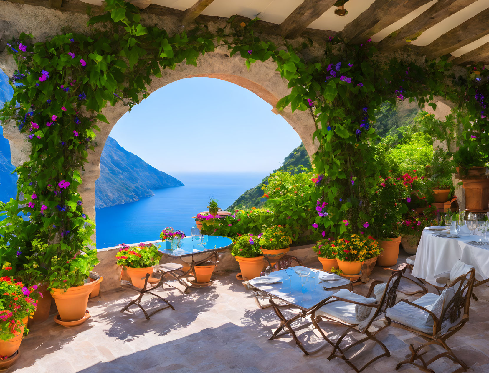 Serene terrace with flowering vines and sea view tables