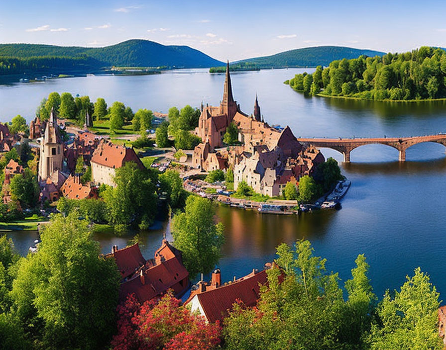 European town scene: historic buildings, church, river, bridge, lush greenery