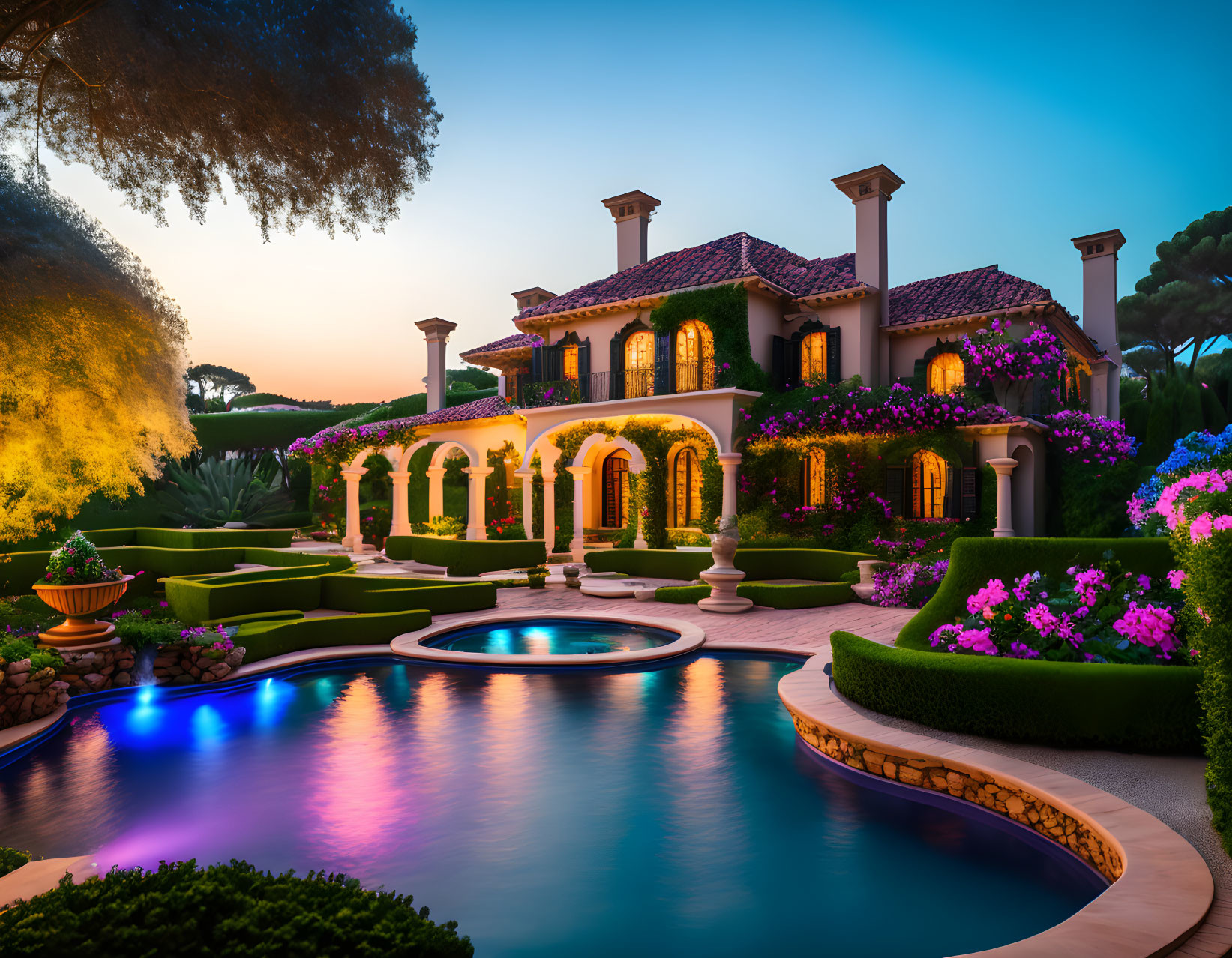 Stunning Villa with Illuminated Arches, Vibrant Garden, and Serene Pool at Twilight