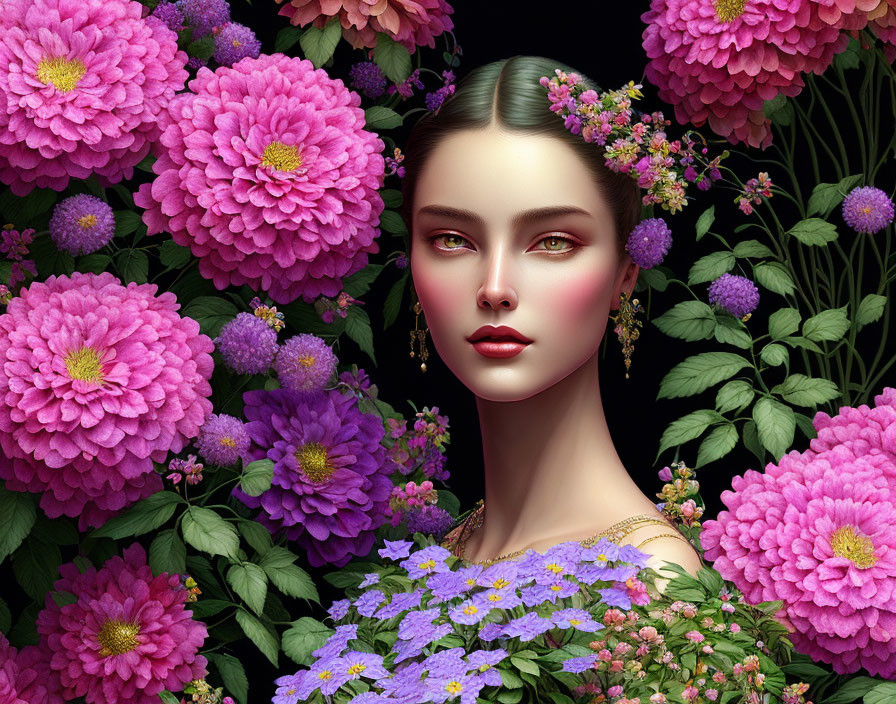 Portrait of woman with flawless skin amidst vibrant pink and purple flowers