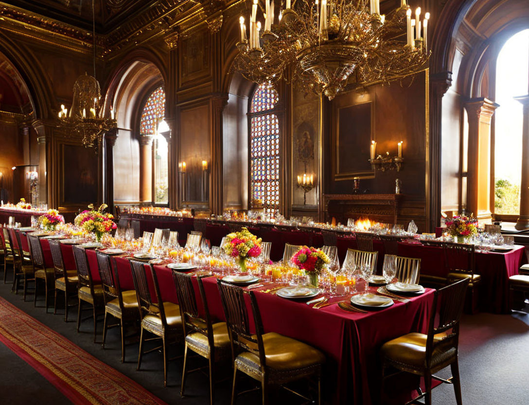 Luxurious dining hall with long formal table and elegant chandeliers