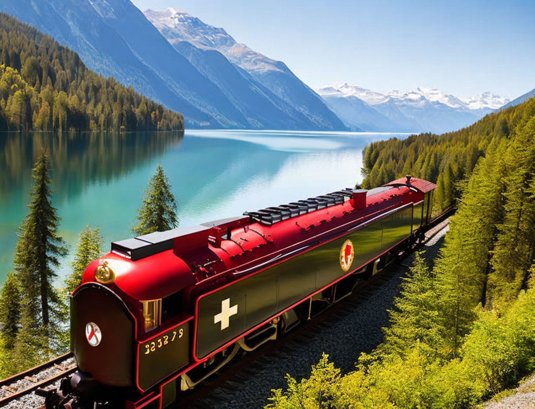 Red Vintage Train with Swiss Flag Emblem by Lakeside Track