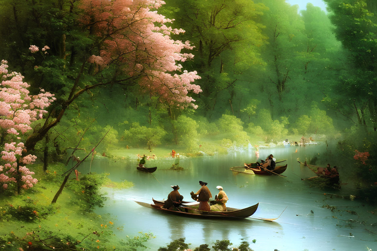 Tranquil river scene with boats and pink blooming trees