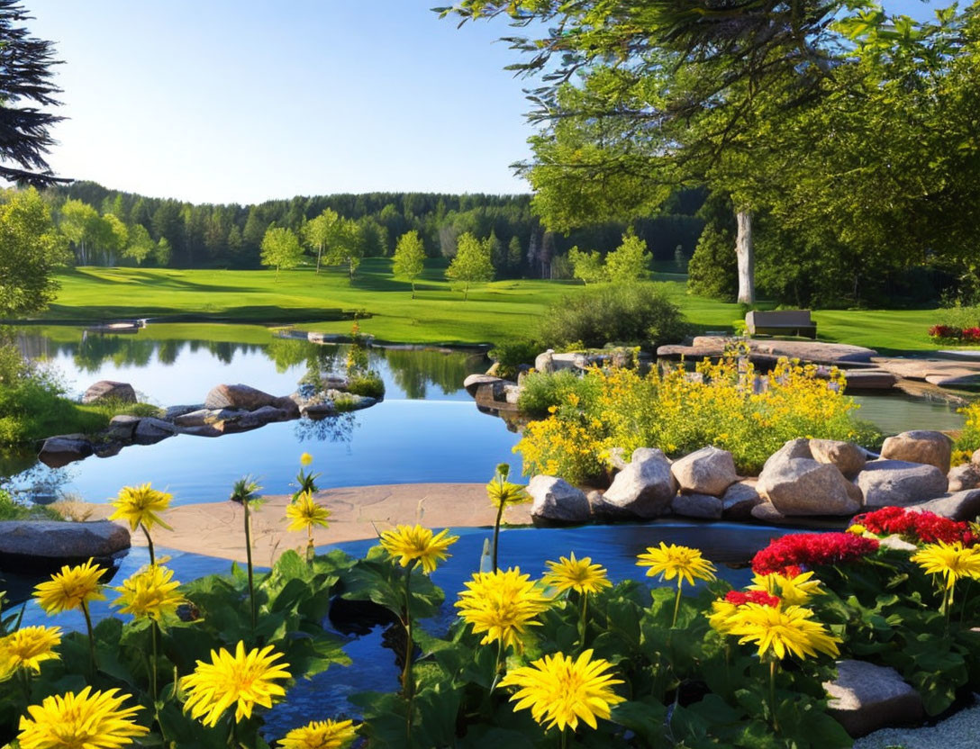 Tranquil landscape with pond, flowers, stone pathway, trees & blue sky